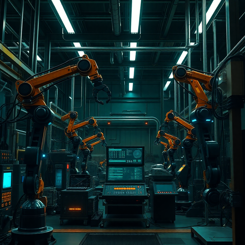 manufacturing automation system with robotic arms and AI control interface, dark cyberpunk factory