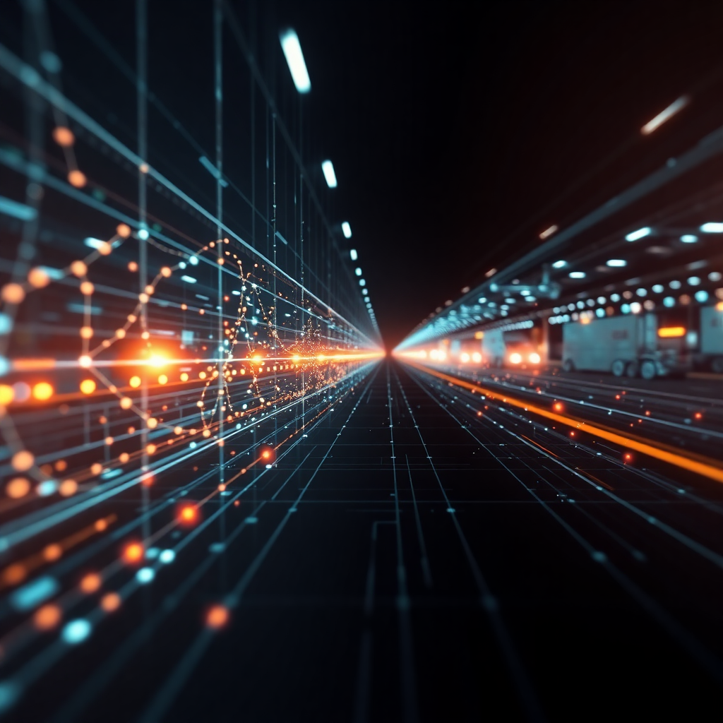 supply chain logistics visualization with digital tracking points, dark futuristic