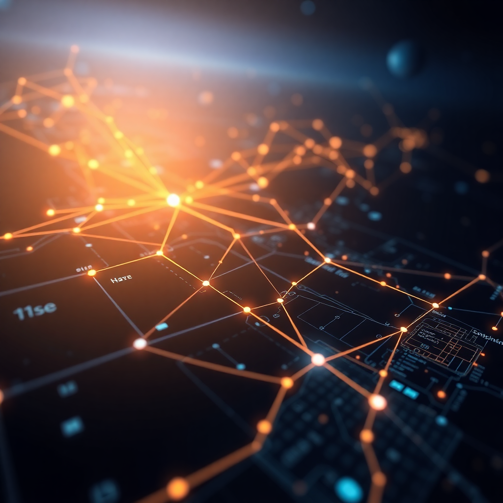 supply chain logistics visualization with digital tracking points, dark futuristic interface with shipping routes