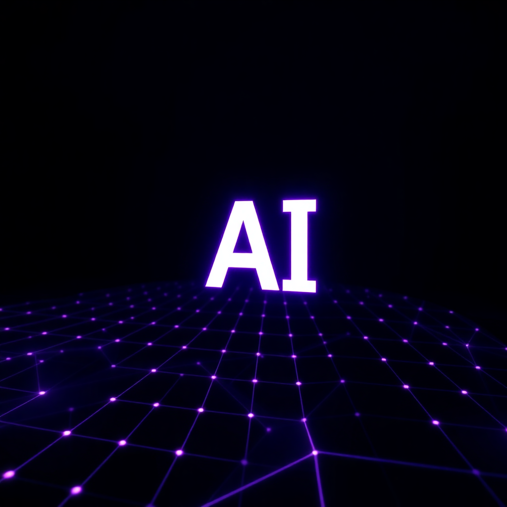 abstract futuristic 3D visualization of AI and cybersecurity, dark background with neon green and blue grid lines