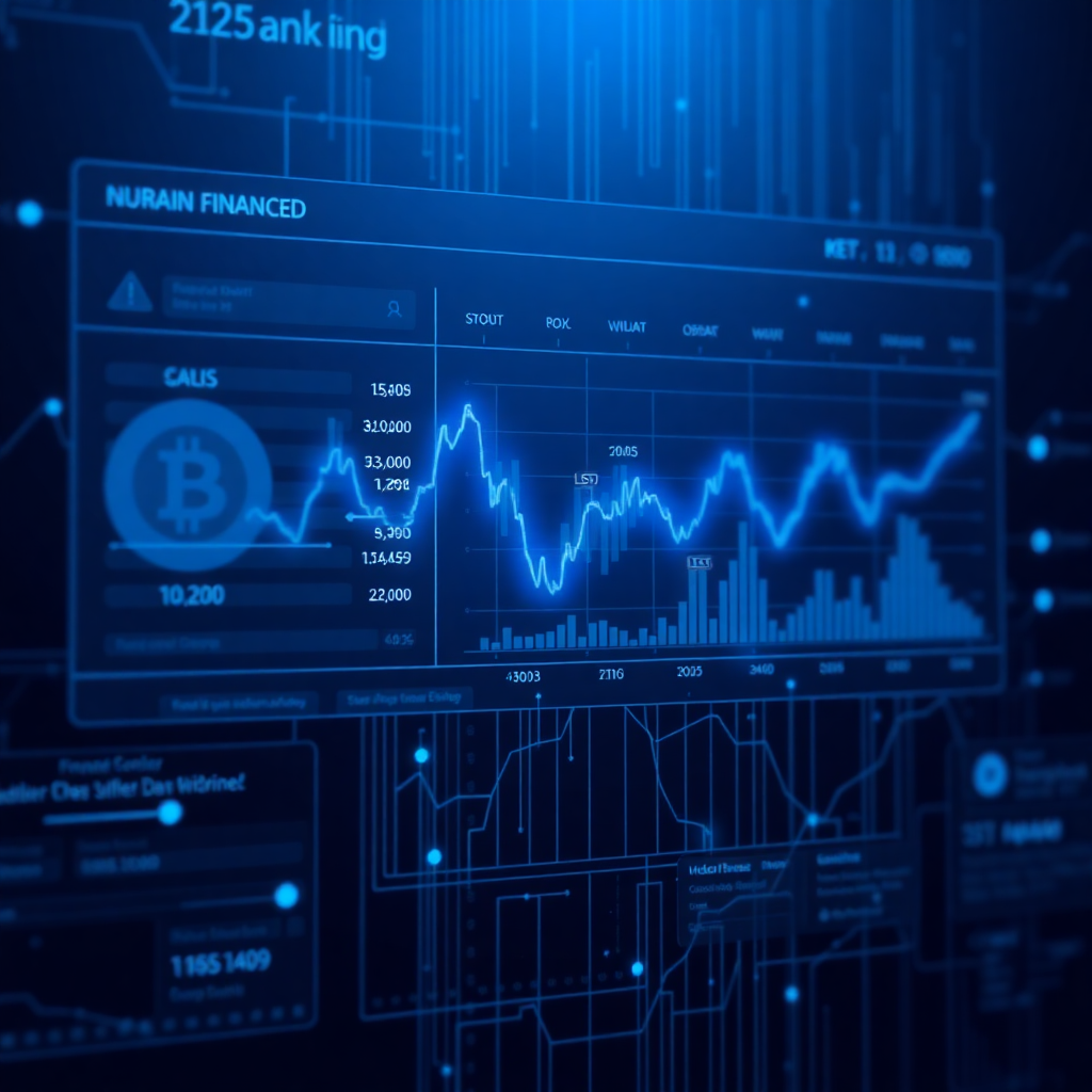 futuristic finance technology visualization, dark theme with blue data points, banking interface
