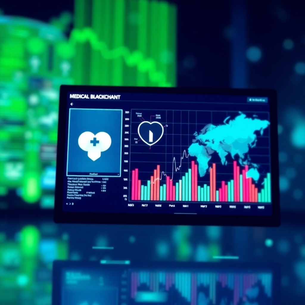 healthcare data visualization on digital screen, medical blockchain concept