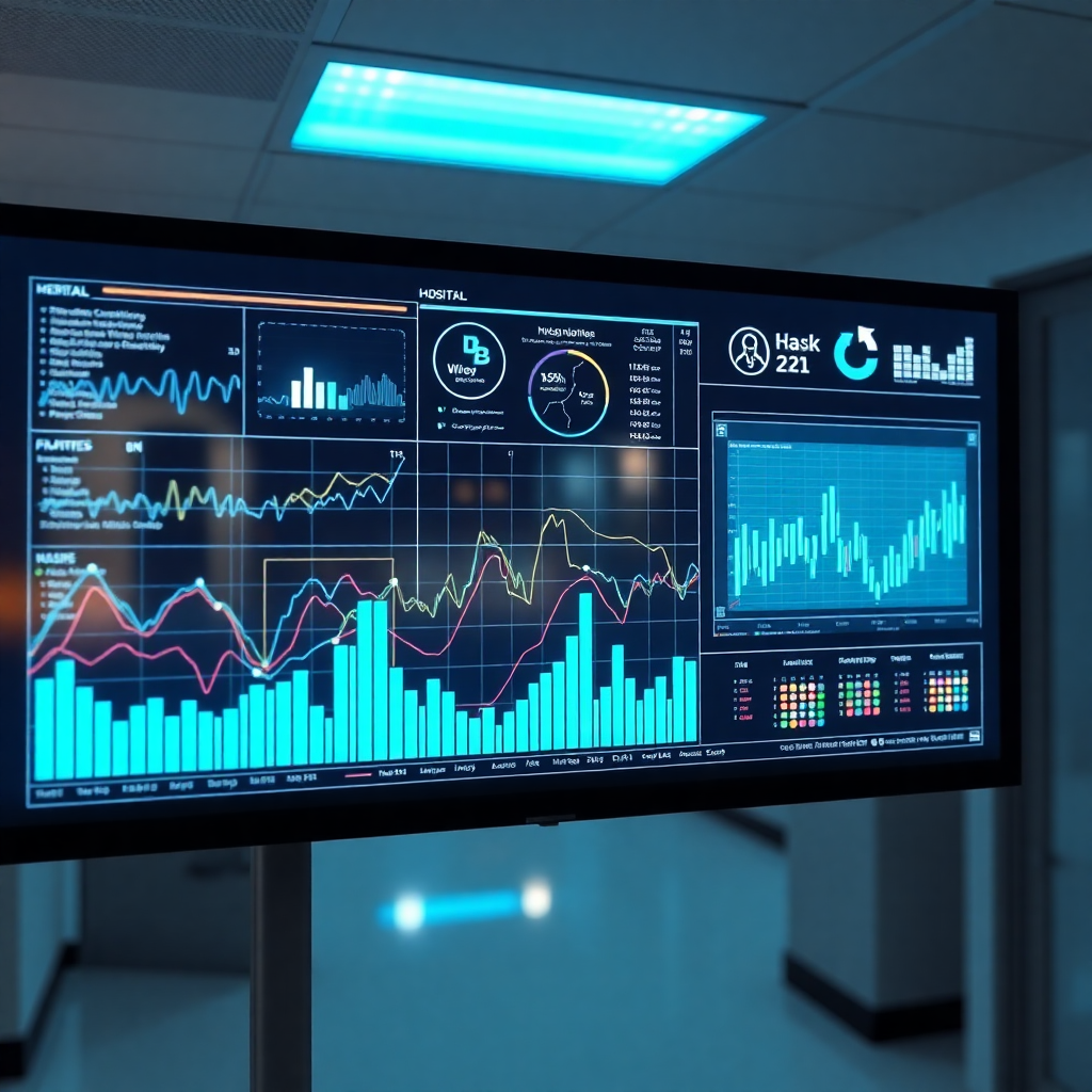 healthcare data visualization on digital screen, medical blockchain concept, futuristic hospital interface