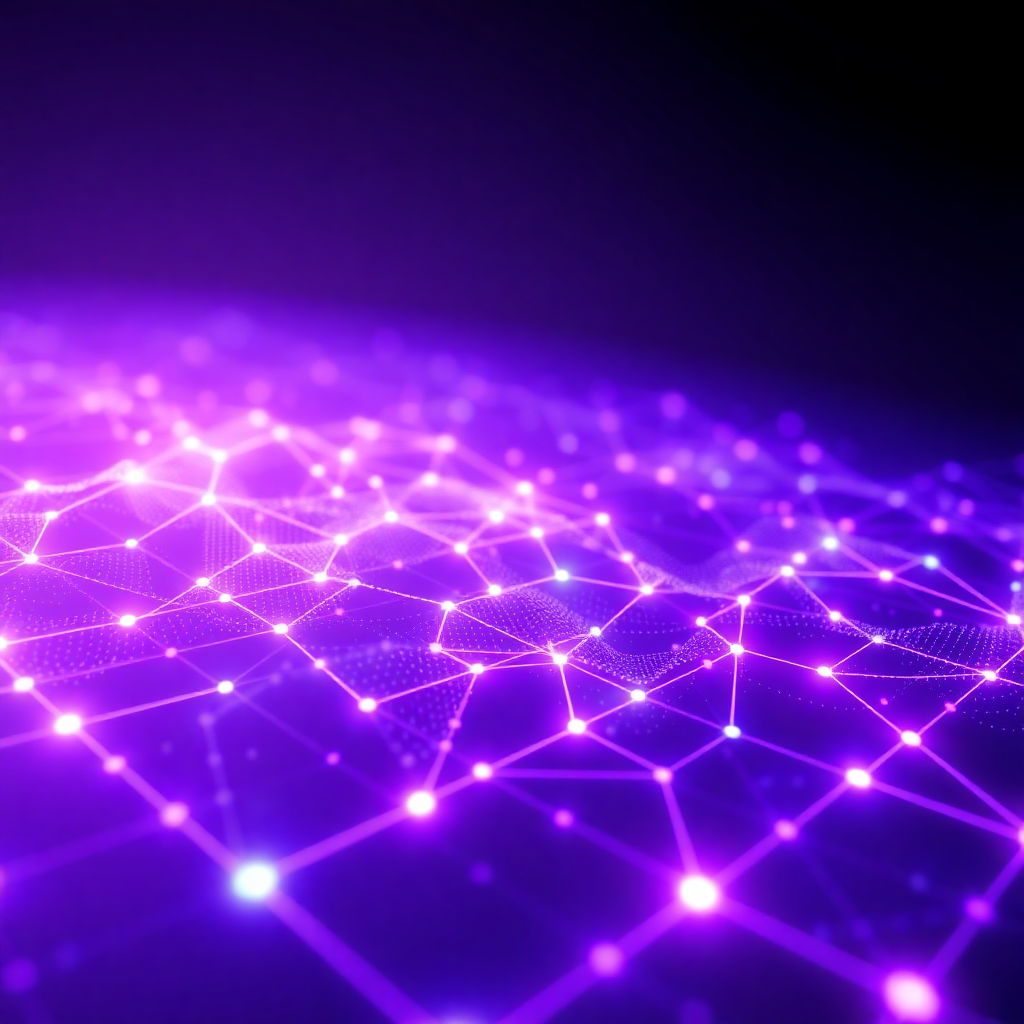 futuristic data visualization with glowing grid patterns and nodes, dark background with purple and blue neon elements